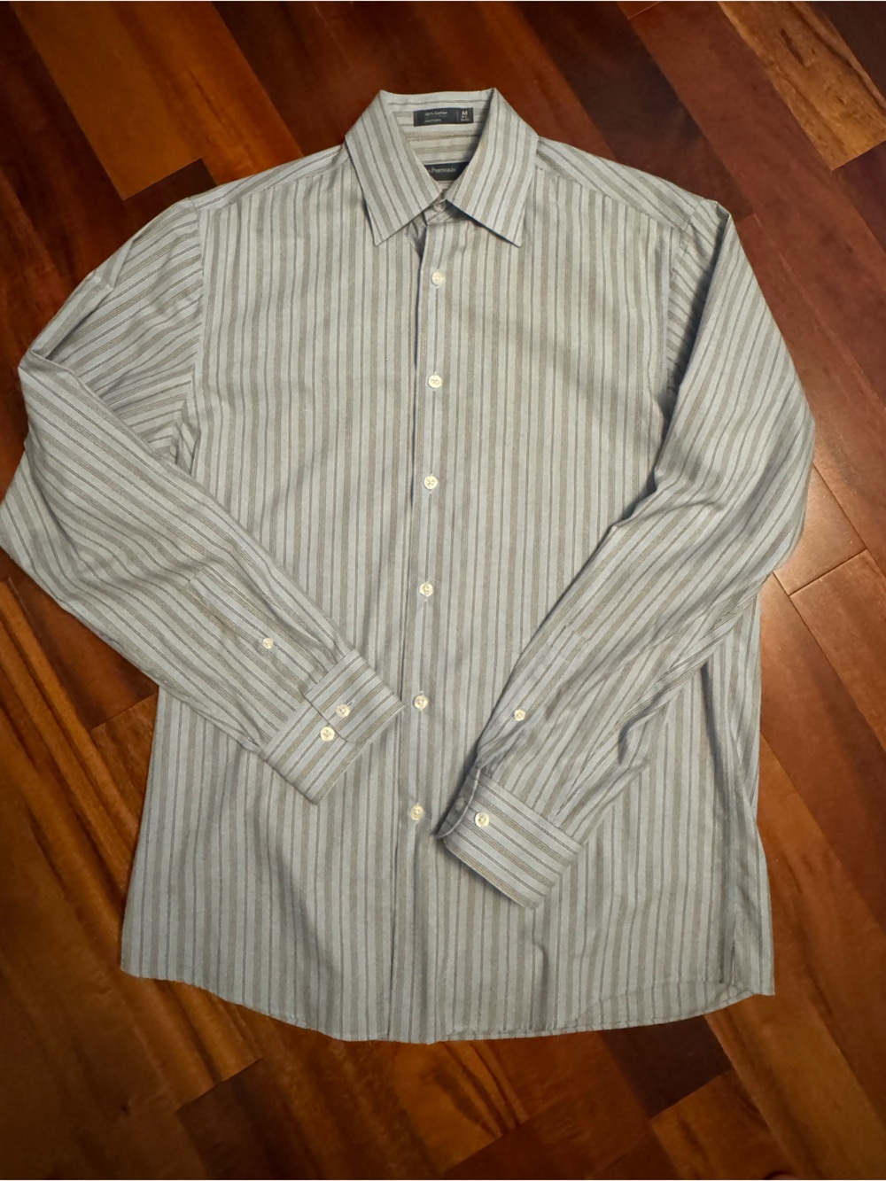 Perry Ellis Men's Light Blue and Gray Striped Dress Shirt